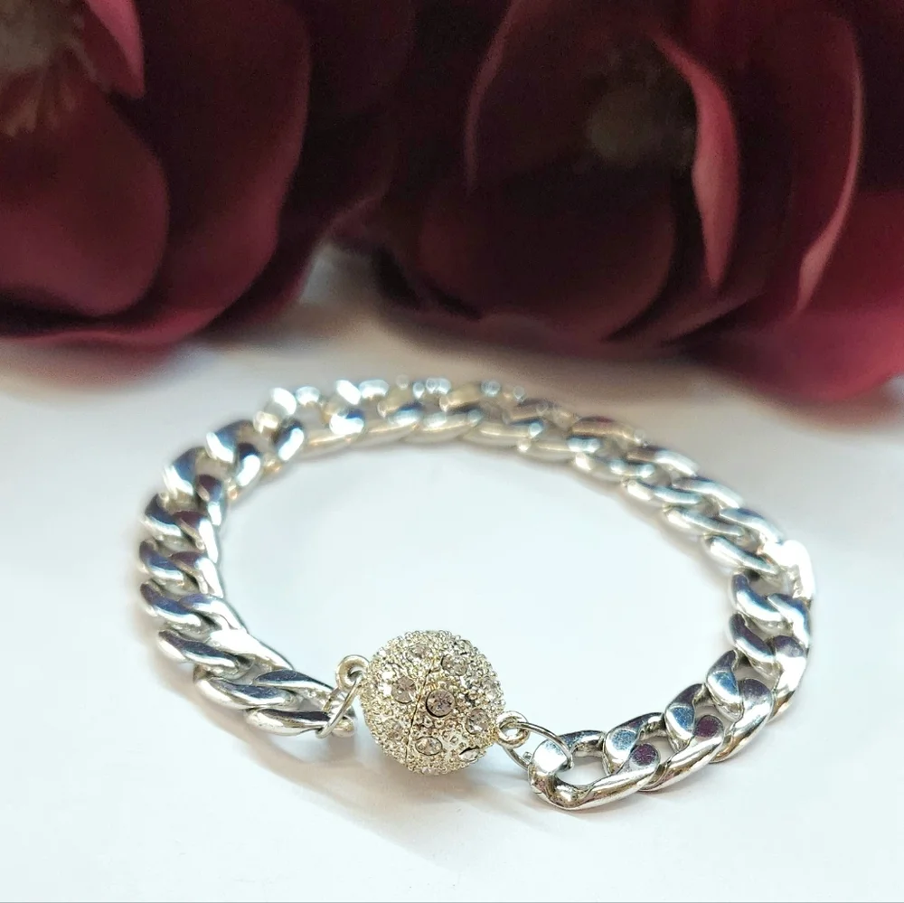 Chunky Silver Curb Chain & Crystal Bead Clasp Bracelet Magnetic Clasp